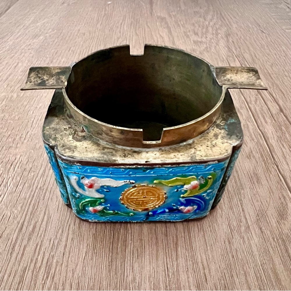 Antique Chinese Cloisonné Enamel and Brass Ashtray - Traditional Bats & Word